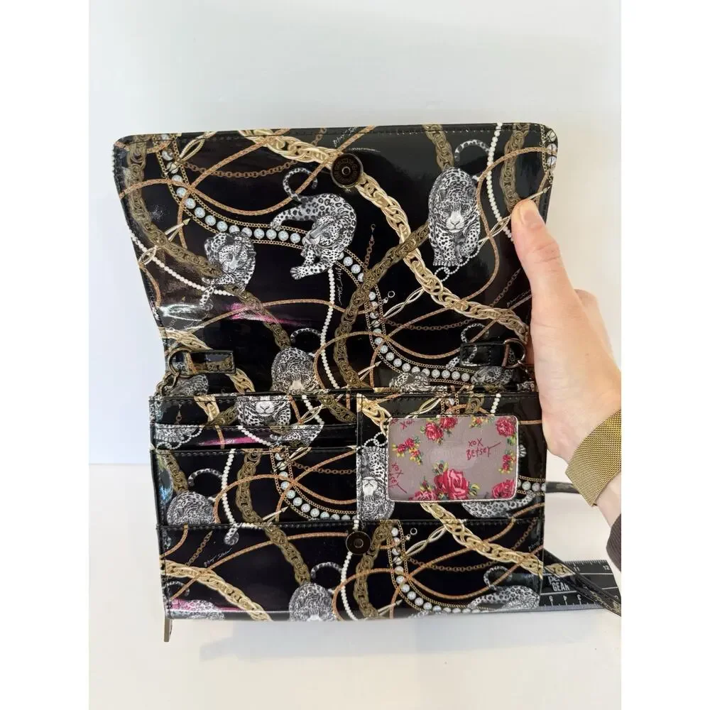 Betsey Johnson XODANI Black Animal Print Leopard Chain Wallet Crossbody Purse - Picture 4 of 14